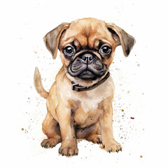 Pug puppy. Stylized watercolour digital illustration of a cute dog with big eyes. AI