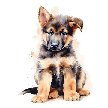 German shepherd puppy. Stylized watercolour digital illustration of a cute dog with big eyes. AI