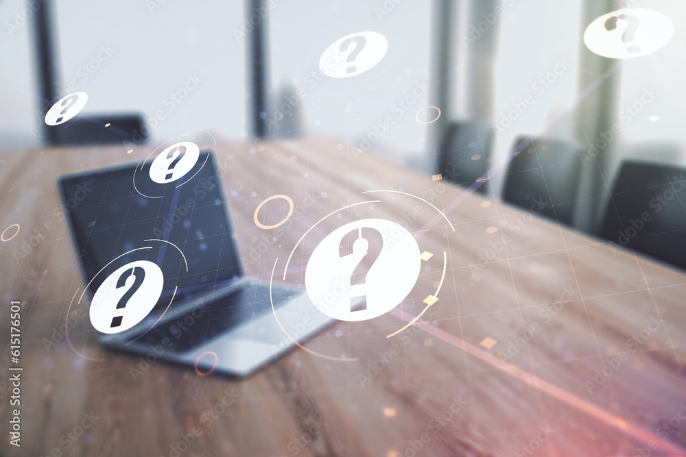 Aufkleber creative abstract question mark sketch on modern laptop background, faq and research concept. double
