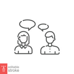 People talking icon. Simple outline style. Talk, speak, man, woman, couple, conversation, discuss concept. Thin line symbol. Vector illustration isolated on white background. Editable stroke EPS 10.