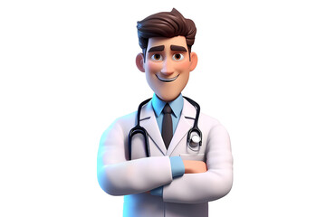 Fototapeta premium 3d cartoon character cute smiling doctor man physician in a white coat looking with cross arms chest, isolated on white and transparent background. Created with Generative AI technology.