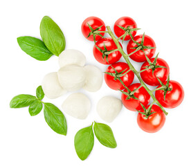 cherry tomatoes, mozzarella and basil leaves on a white isolated background, top view