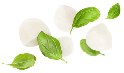 Foto op Plexiglas mozzarella balls and basil leaves levitate on a white isolated background © Ирина Гутыряк