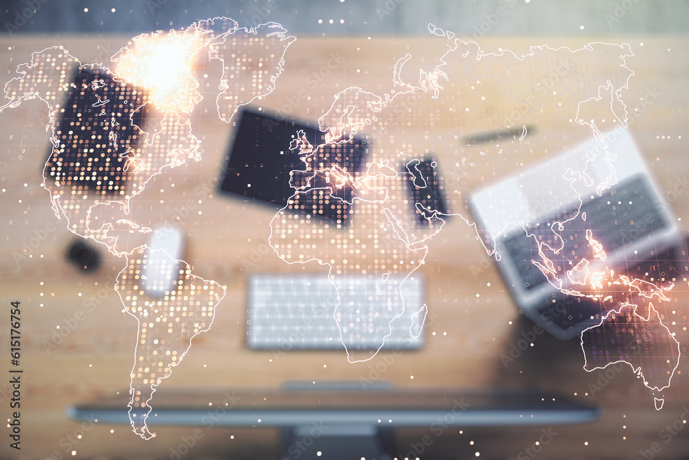 Poster double exposure of abstract digital world map on computer background, big data and blockchain concep