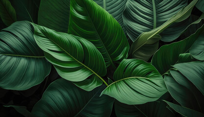 Dark green tropical background with Tropical palm leaves.