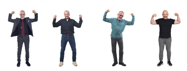 group of man showing biceps on white background