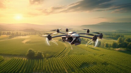Drone flies over the field photo realistic illustration - Generative AI.