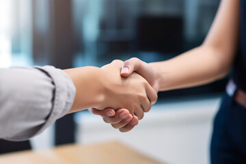 Obraz na płótnie Canvas business people shaking hands in office, Sealing the Deal: A Captivating Close-Up of a Handshake between a Man and Woman in a Business Situation