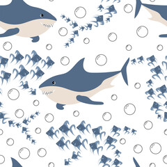 Cartoon shark seamless pattern. Childish vector background in simple semi flat style. Ideal for printing to fabric, wallpaper, wrapping