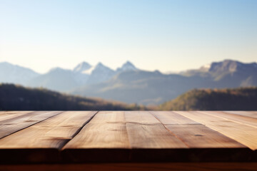 table in mountains, Nature's Serenade: Close-Up of an Empty Wooden Table, Bathed in Sunlight with a Backdrop of Majestic Unsharp Blue Sky and Sunny Mountains