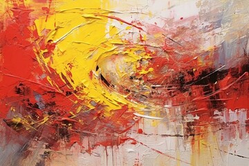 abstract painting, the artist applied bold strokes of red and black white yellow, creating a textured surface that evokes a sense of energy and movement.