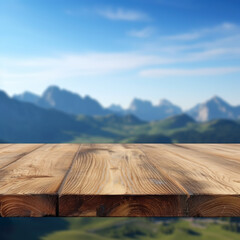 table in mountains, Nature's Serenade: Close-Up of an Empty Wooden Table, Bathed in Sunlight with a Backdrop of Majestic Unsharp Blue Sky and Sunny Mountains