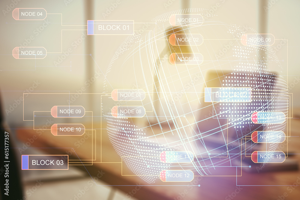 Aufkleber abstract creative coding concept with world map on modern laptop background. multiexposure