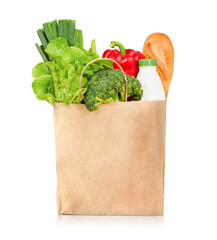 paper bag with groceries on a white isolated background