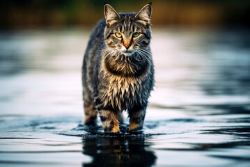 Domestic cat walking on water. Cat in the water.