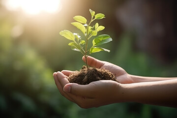 hands holding seedling, hands holding seedling, A Tapestry of Life: Close-Up of a Small Tree Growing in a Handful of Earth, Amidst a Summer's Sunny Green