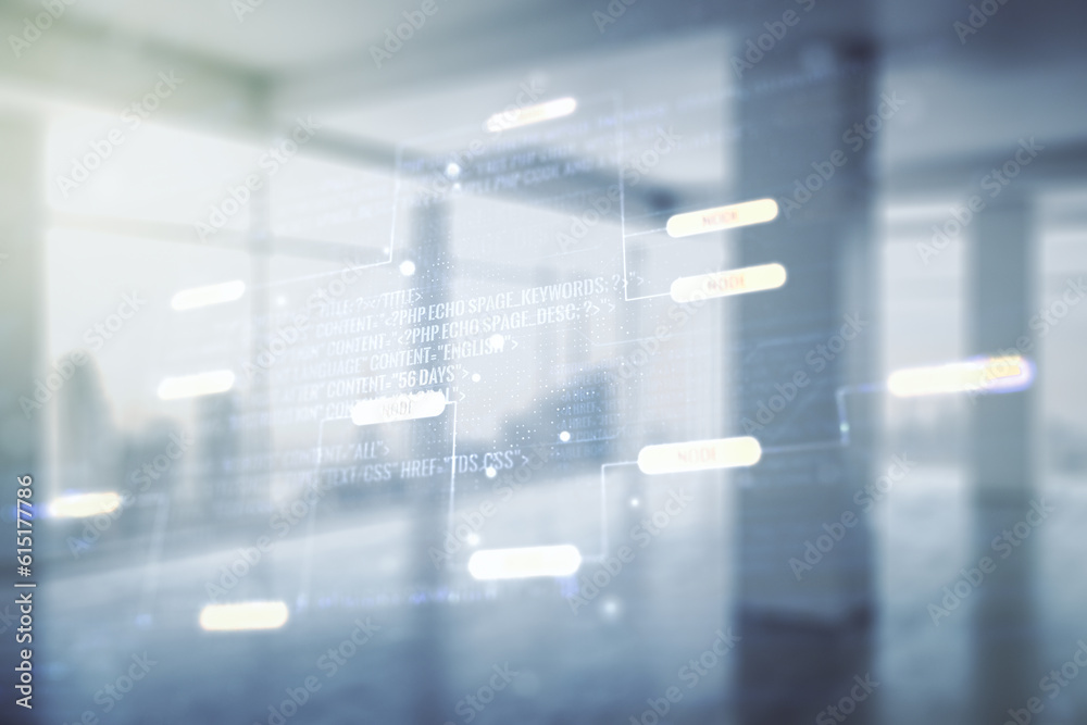 Poster multi exposure of abstract programming language hologram on abstract empty interior background, arti
