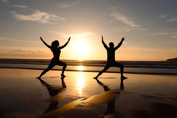 Fototapeta premium yoga on the beach at sunset, Silhouette Serenity: Yoga Harmony at a Wide Open Beach in England's Summer Sundown