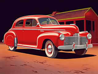 Image of a classic 1940 Plymouth car in a setting out for an advertisement. Brightly colored just like the color in its heyday.