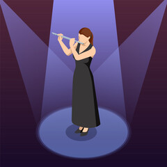 Isometric Woman plays the flute. Flute woodwind orchestral instrument