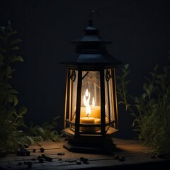 A lantern with a candle on it in front of a dark background Generative AI