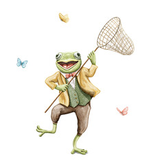 Watercolor composition with funny frog toad animal in vintage costume catches butterflies with net isolated on white background. Hand drawn illustration sketch