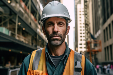 Successful engineer and architect Wearing Hard Hat and Safety Vest Standing on a Building Construction Site.