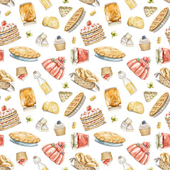 Seamless pattern with vintage variety set of sweet dessert, cupcakes, cake, pies and jams with berries isolated on white background. Watercolor hand drawn illustration sketch