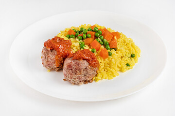 meatballs with rice on white plate