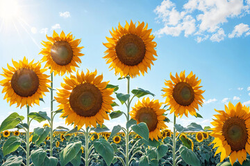 Sunflower field over cloudy blue sky background. Sunflower blooming.