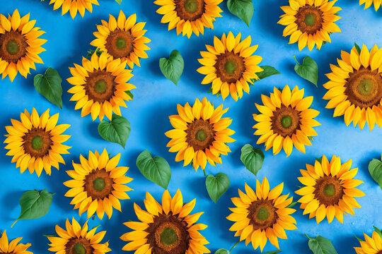 Sunflower pattern on blue background. Flat lay. Top view. 