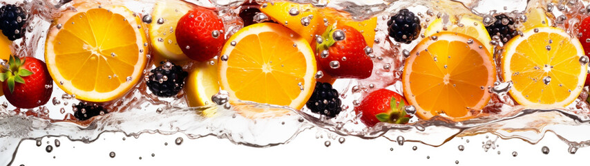 Fototapeta na wymiar Banner with fresh fruits with water drops, isolated on white background. Food background, wallpaper, screensaver. Generative AI 