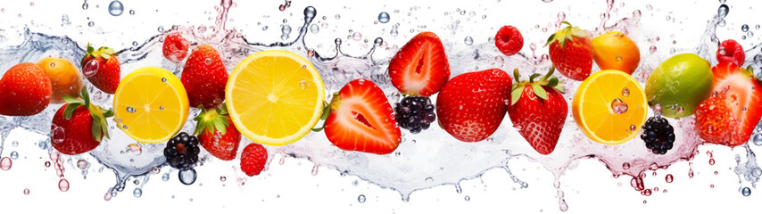 Banner with fresh fruits with water drops, isolated on white background. Food background, wallpaper, screensaver. Generative AI © Катерина Нагірна