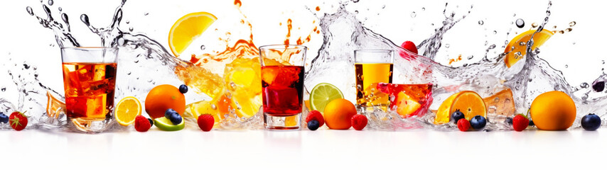Banner with fresh summer cocktails with colorful fruits on isolated white background. Water splash. Generative AI