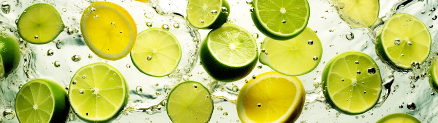 Banner with lime slices with splash of water on white background. Generative AI