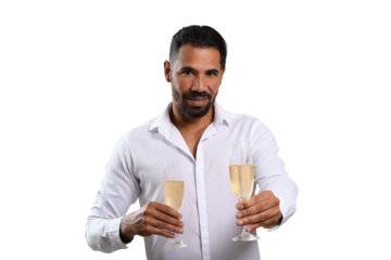 man with two glasses of champagne, wearing white clothes, looks at the camera