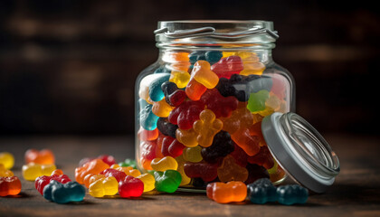 A colorful collection of homemade gummy candy in a jar generated by AI