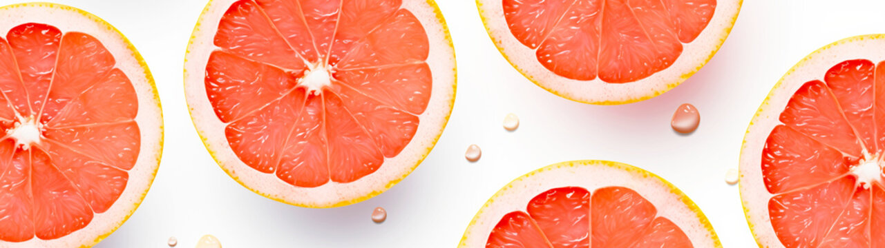 grapefruit slices on a white background with water drops. Banner. Generative AI