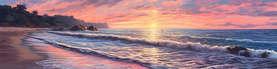 Fototapeta na wymiar Seascape oil painting of a beach at dawn 3