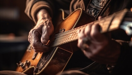 One man, a guitarist, plucking strings on an acoustic guitar generated by AI
