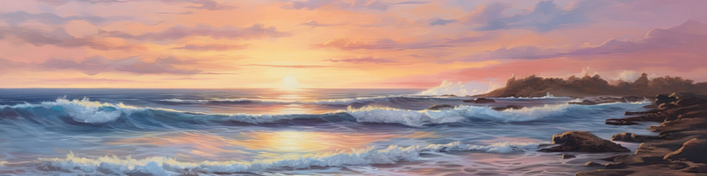 Seascape oil painting of a beach at dawn 1