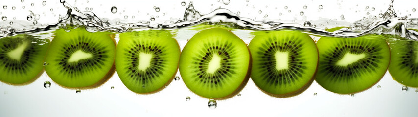 Banner with kiwi slices on isolated white background. Close up, water drops and splash. Generative AI