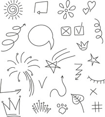 Doodle infographics elements vector for social media. Specech bubbles, arrows, crowns, stars for social net in hand drawn doodle style.