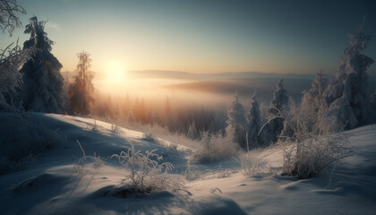 Tranquil winter forest, snow covered trees, sunset frozen beauty generated by AI