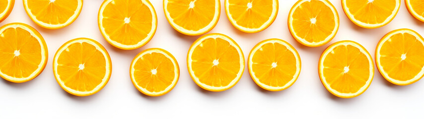 Fototapeta premium Banner with orange slices on isolated white background. Close up. Generative AI