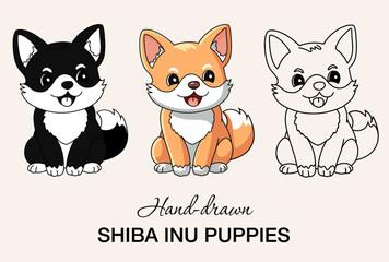 Hand-drawn Shiba Inu Puppies set, Cute Kawaii Dog Illustration, Puppy Vector, Shiba Line Drawing