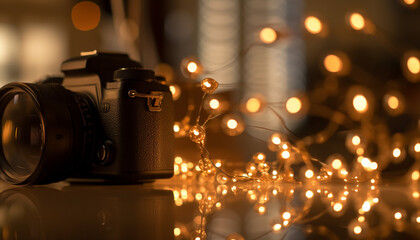 Naklejka na ściany i meble The photographer used an old fashioned camera to capture the glowing decoration generated by AI