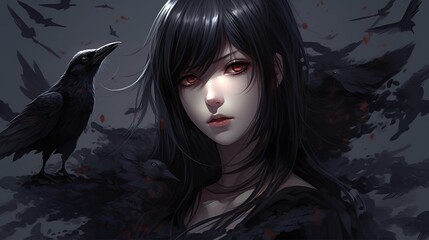 anime illustration of a young woman with black hair and red eyes surrounded by crows. generated ai