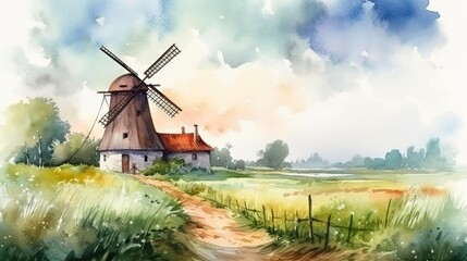 watercolor idyllic landscape field with windmill on a summer day. generated ai - obrazy, fototapety, plakaty