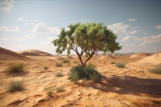 a lonely green tree grows in the middle of a hot desert. generated ai